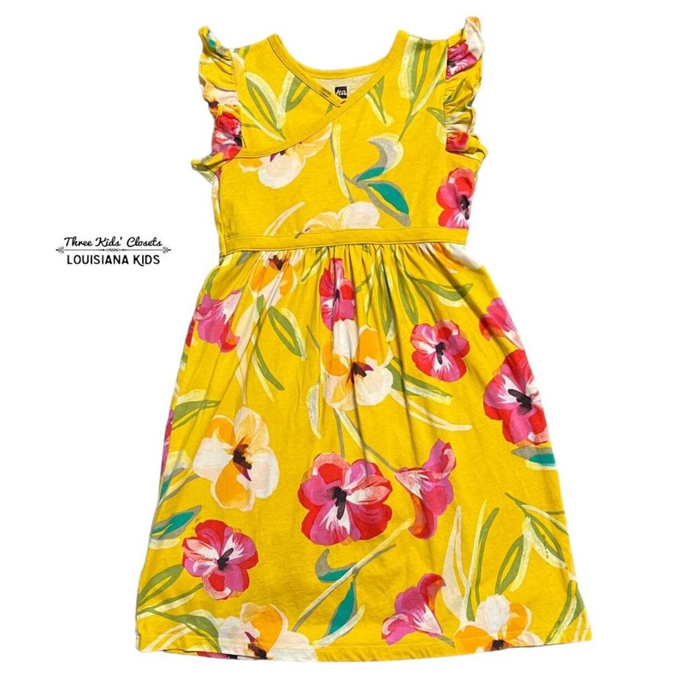 Tea Collection Sz 7 Yellow Hibiscus Flower Wrap Neck Dress